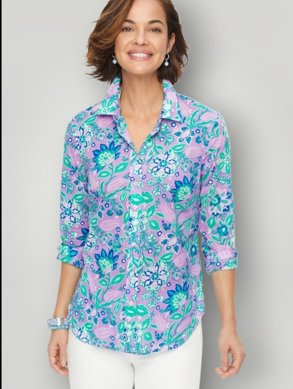 Talbots Purple Floral Cotton Button Down Shirt Long Sleeve Women's Large
